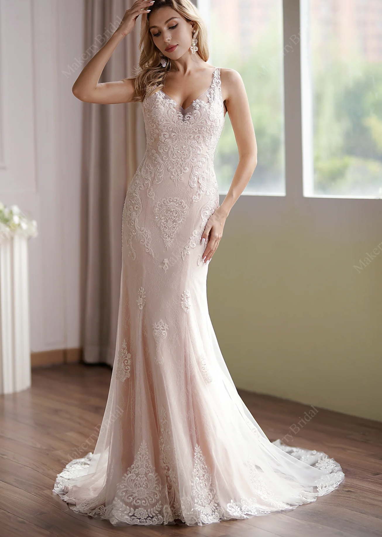 FYD 867,Blush Tulle Lace Wedding Gown Long Bridal Dresses with Sweep Train  | Wedding gowns lace, Fairy tale wedding dress, Romantic wedding gown